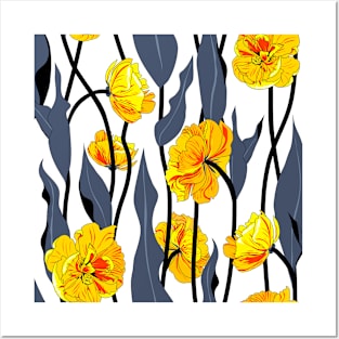 double tulips and blue-gray foliage Posters and Art